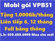 Mobi gói VPB51 - siêu data 1.000Gb/tháng/6 đến 12 tháng